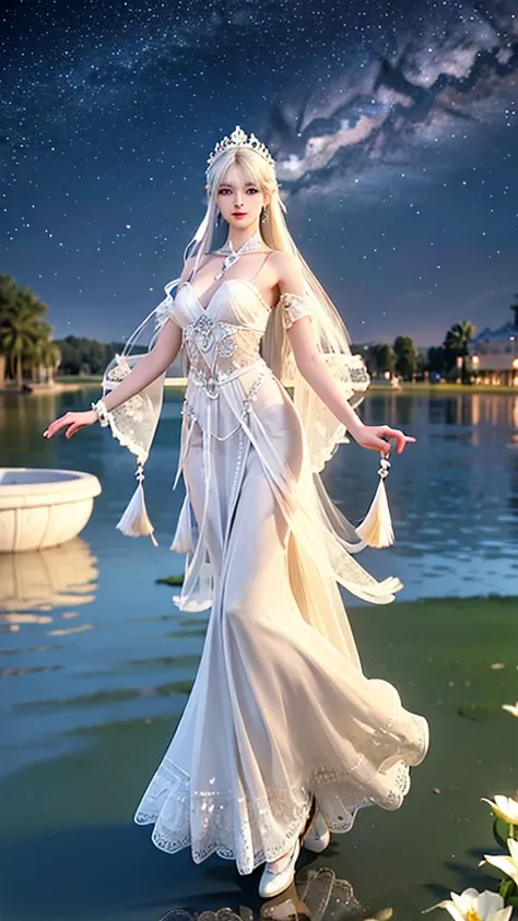 Starry night,tall and beautiful girl, white gown, swans, flowers in hand, Wearing jewellery, Middle of lake,colorless crystal made shoes,rings,bracelet,white hair, fair white skin, detailed art, 3d,8k;high resolution, High quality, photography, Character, ...