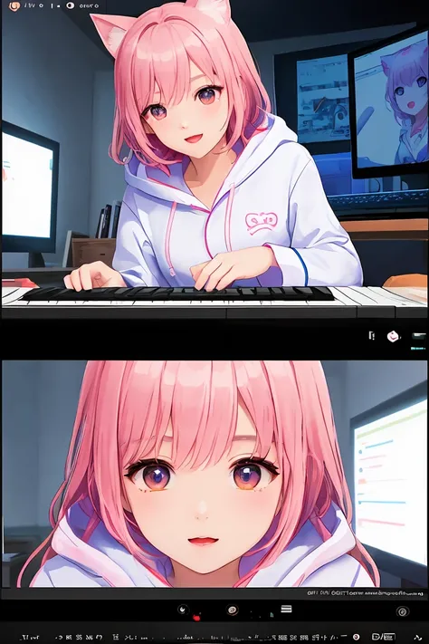 (score_9,score_8_up,score_7_up,score_6_up,score_5_up,score_4_up),masterpiece, top quality, best quality, official art, beautiful and aesthetic, animation, , 1girl with cat ear, perfect figure, pink hair, complicated details,, in front of the computer, wear...