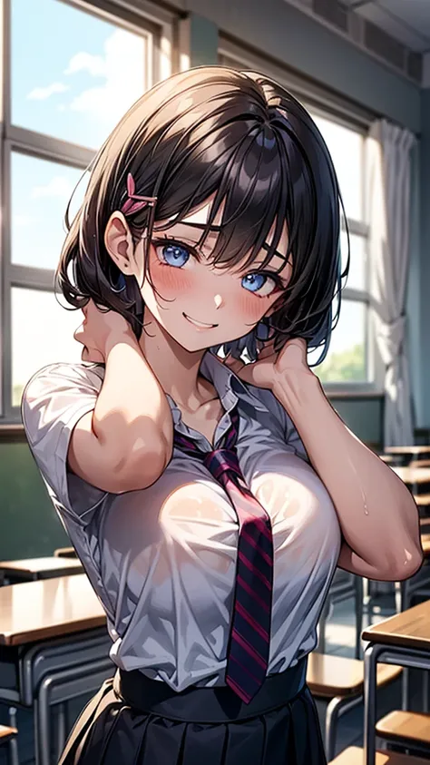 (masterpiece, Official Art), One Girl, Black Hair, blue eyes, hair ornaments, Hair Clip,  (school uniform), (shirt), (tie), (skirt), (Wet), (Upper Body), (close), (Huge breasts), Very good、Bright classroom、 Show Viewer, Grin, attractive, blush, attractive服...