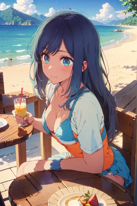 (Highest quality:1.4、masterpiece:1.4、Super detailed:1.4、8K:1.4)、((((1 person、Surprised expression、sit、Cafe Terrace、coastal、juice、table、Sandy Beach、juiceのグラスを持つ、Long Hair、Micro Bikini、Very soft boobs、Leaning forward、Big eyes、Very cute face))))、F cup bust、Me...