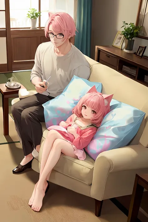 (score_9,score_8_up,score_7_up,score_6_up,score_5_up,score_4_up),masterpiece, top quality, best quality, official art, beautiful and aesthetic, animation, , 1girl with cat ear, perfect figure, pink hair, complicated details, living room, sitting on the car...