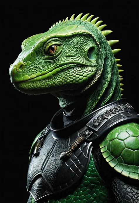 A green reptilian with black space armor, Profile ,  realist