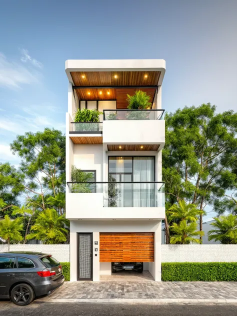 modern townhouse on street, (sunset), tropical tree, vivid colour, streetcapes, white tone, white wall, steel gate, rough white ...