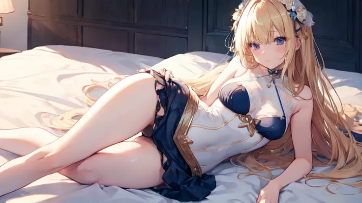 best quality，Super detailed，Perfect limbs，floor、mini skirt，Swimsuit，Bright，one person，blond，Sexy、Deep sleep、long hair、Stockings，Clothes with intricate details