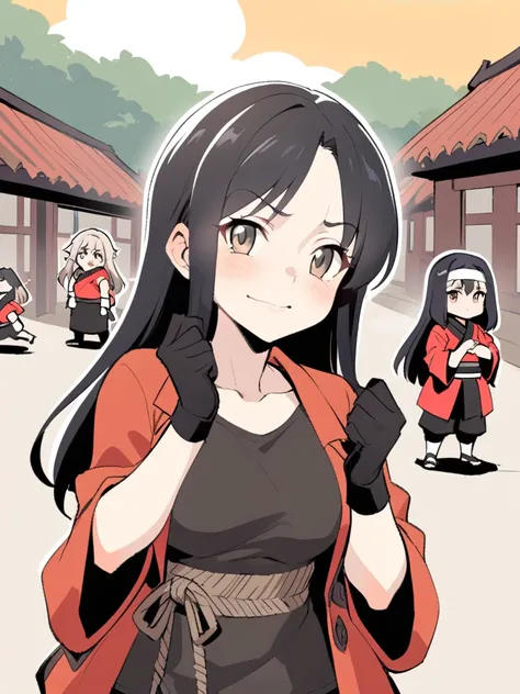 {{Upper part of the body}} {{Artist: sincos}} mature woman, straight hair, long hair, Black hair, light brown eyes, black ninja bandana, red jacket, black fitted t-shirt, Gloves without fingers, bottom: ninja village