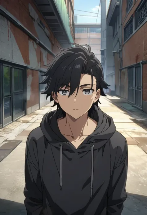 A highschool boy, handsome, perfect body, black hair, short hair, mullet, black eyes, upturned eyes, expressionless, black hoodies, anime, first-person view, masterpiece, anatomically correct, high details, highres, best quality, super detail