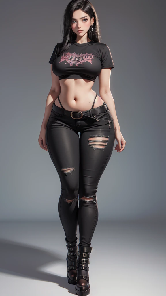 blank background, (((full body))), (masterpiece), ((best quality)), ((tall girl)), straight hair (curvy:1.5), (punk girl), shoes, belt below navel, black hair, wide hips, (black jeans), (short sleeves), arm tattoo