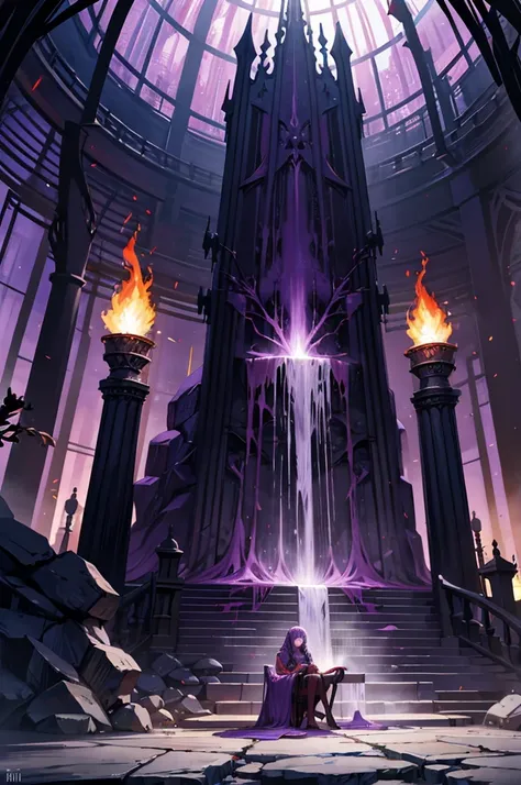 purple mist, blood waterfalls, flaming torches, throne of skulls, no people, elden riing