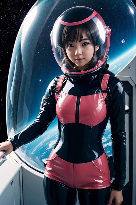 Female Anime girl wearing a rubber suit with a bubble glass helmet, in space.