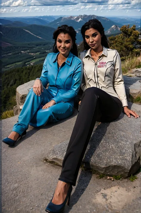 me and my girl friend sat on a mountain alone with trouser suit name written on the shirt az brand