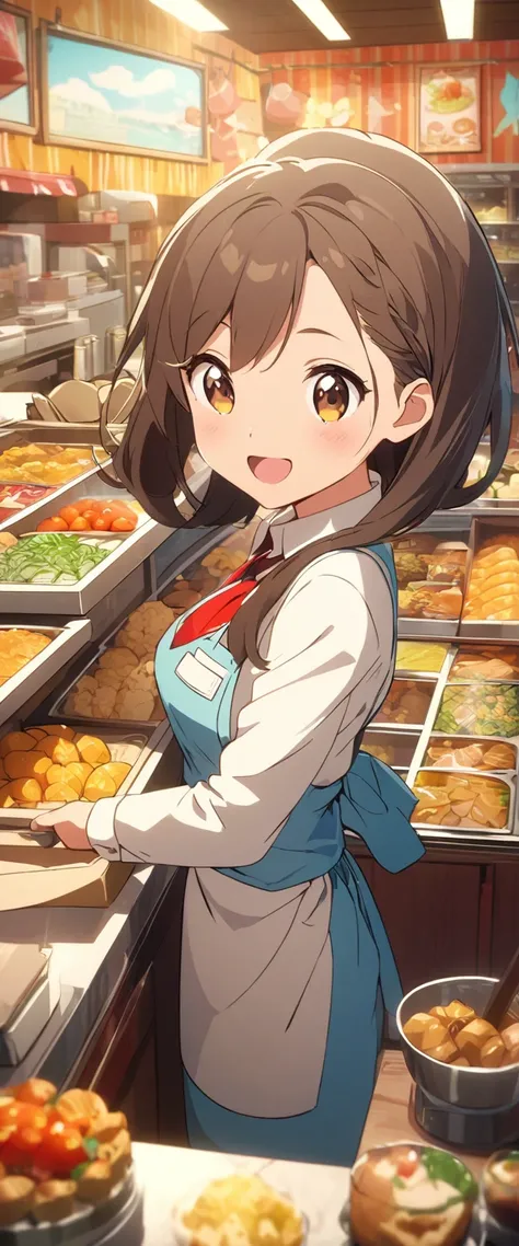 Close-up of beautiful, cute, hard-working and lively buffet shop clerk.Beautiful and extremely textured foreground and background，detailed, bright, Animation style high definition and high quality presentation,