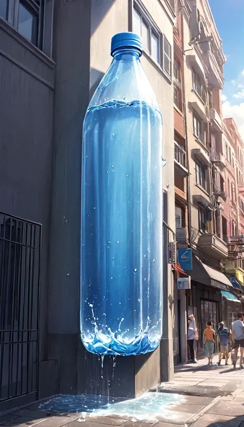 シード
2950548102(Please draw a realistic 3D scene of a giant plastic bottle full of water half-protruding from a second-floor window or wall of a building, spraying water onto the sidewalk below: 1.5) (People on the sidewalk are looking up: 1.5) The exterior...