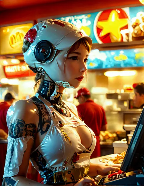 A android fast food worker(cute woman, apron and cap, awkward happy poses), is working the cash register at Taco Bell, crowded, busy