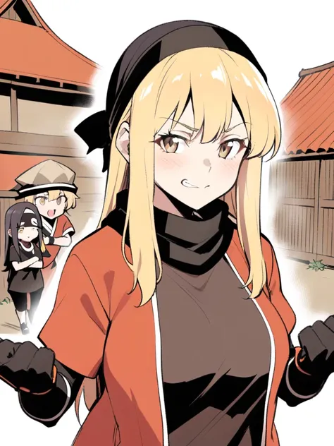 {{Upper part of the body}} {{Artist: sincos}} mature woman, straight hair, long hair, black hair with blonde highlights, light brown eyes, black ninja bandana, red jacket, black fitted t-shirt, Gloves without fingers, bottom: ninja village