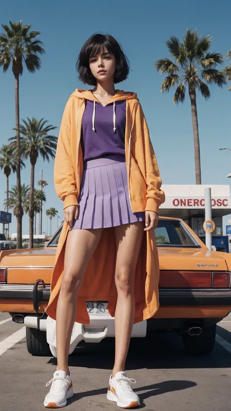 (medium long shot portrait) of cute 23 yo girl ,wear ((orange color oversized_hoodie)), wear ((purple tennis skirt)),looking front,Best Quality,Masterpiece,Ultra High Resolution,(Realisticity:1.4),Original Photo, 1Girl, light leak,ultra high resolution,UHD...