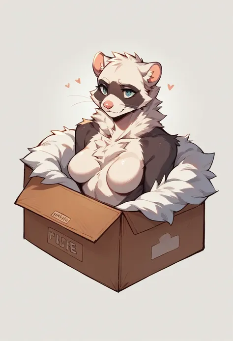 ferret, Fur covered her chest, fluffy chest, Fur covers her chest, dick, furry chest, very very beautiful furry art, weiblicher anthropomorphers ferret, Breasts covered and sfw. full body standond on box, white background