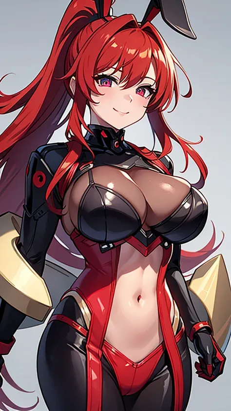 Robot ears,milf,red hair , ponytail hair, bunny girl costume, emission eyes, big breasts, correct anatomy,milf smile