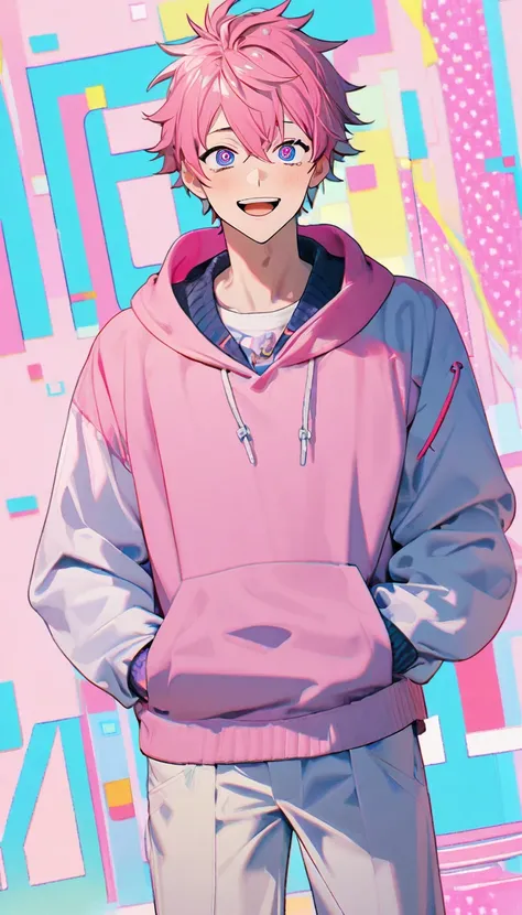 1 boy, highschool,white blazer on top of a pink hoodie ,pink clock design in his eyes,pink hair,joyful expression , standing ,8k,hands in the pocket 