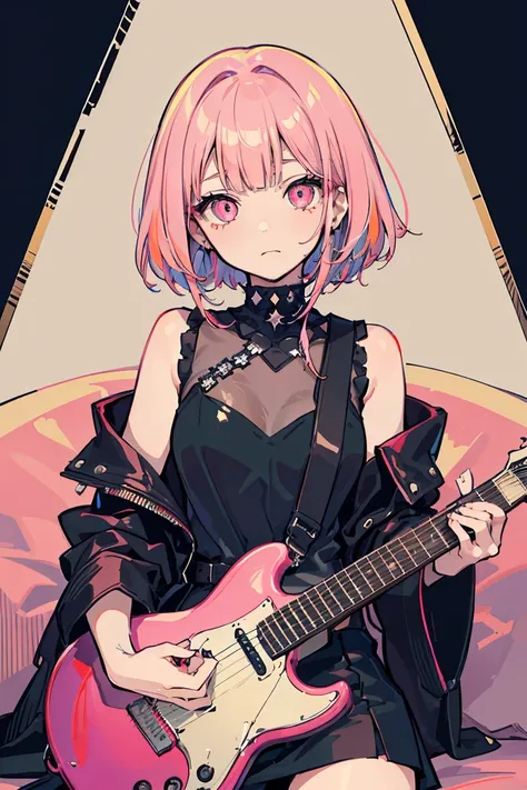 ((1 Girl)), punk, Dark circles in the eyes, Untidy face, peace sign, metal rock, sit, guitar, Cowboy Shot,((Very detailed,Highest quality, High resolution, fell, Sloppy, Lazy and slothful,Indifference, 8k wallpaper, Beautiful clothes,)),((Shortcuts,Diagona...