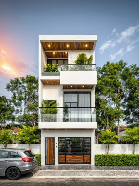 modern townhouse on street, (sunset), tropical tree, vivid colour, streetcapes, white tone, white wall, steel gate, rough white ...