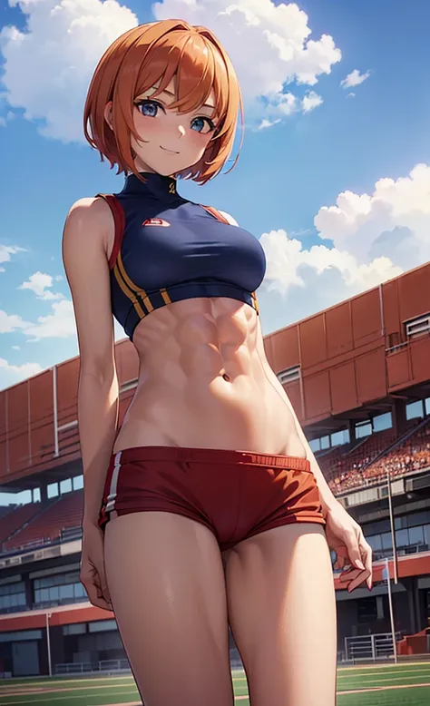 masterpiece, best quality, ultra detailed, ultra high resolution, very detailed face, solo, ((anime)), 20 years old girl, (((from below))), (((crimson track uniform, sleeveless, navy bloomer))), ((golden short hair)), (((medium breast))), (six pack abs:1.2...