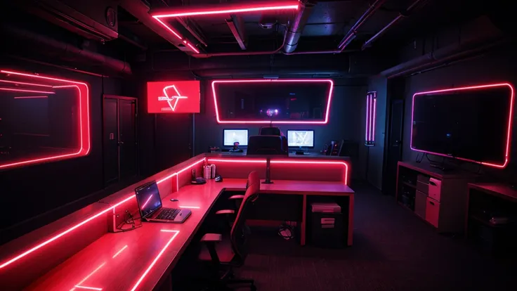 l-shaped table, office , cyber punk, red neon lights