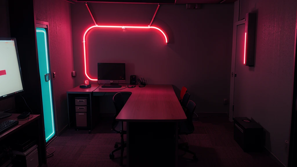 l-shaped table, office , cyber punk, red neon lights