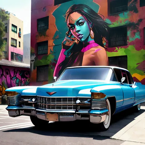 Vibrant urban scene, Kendrick Lamar-inspired character, dynamic pose, intricate lowrider Cadillac, street setting, graffiti-covered walls, bustling city backdrop, realistic animation, detailed linework, bold colors, hip-hop culture vibes, energetic atmosph...