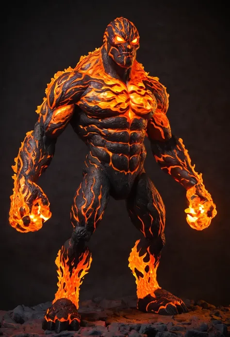 Zombie lava, muscle strong body, full lava body, villain, lights orange eyes, fire hands, full body, full body view