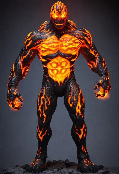 Zombie lava, muscle strong body, full lava body, villain, lights orange eyes, fire hands, full body, full body view