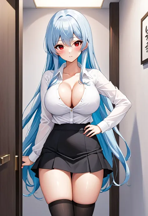 My name is Yukiko.I am a white test woman with long light blue hair,red eye color.I am 1.62 cm tall . My breasts measure 200 cm, my waist 40 cm and my hips 200 cm. Dressed in a low-cut white shirt and a tight black skirt . With big breasts 200 cm