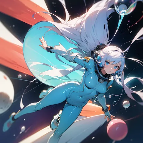 Female anime girl in space wearing a glass bubble helmet and a rubber bodysuit.