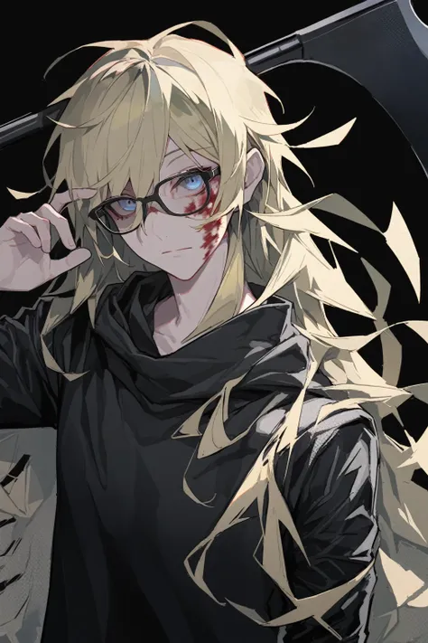 1 guy, blue eyes, wearing a blindfold over one eye, black covers one right eye, blond hair, wears glasses, many scars on his fac...