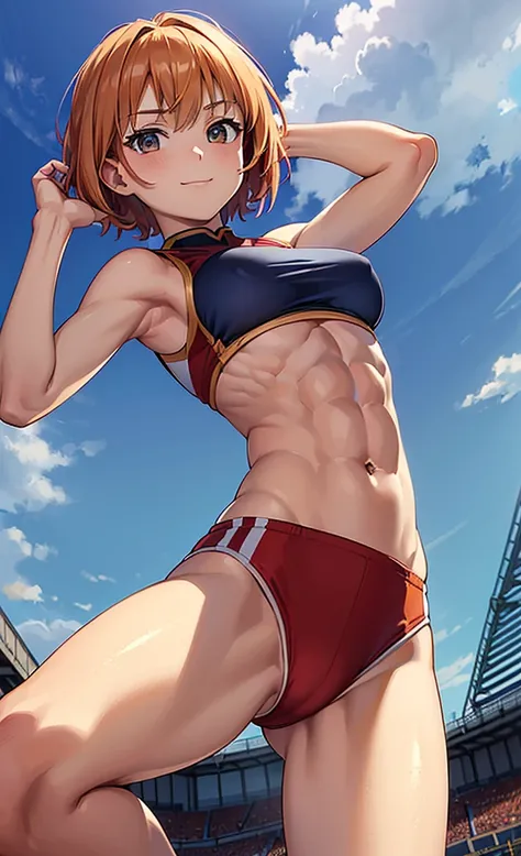 masterpiece, best quality, ultra detailed, ultra high resolution, very detailed face, solo, ((anime)), 20 years old girl, (((from below))), (((crimson track uniform, sleeveless))), ((navy bloomer)), ((golden short hair)), (((medium breast))), (six pack abs...