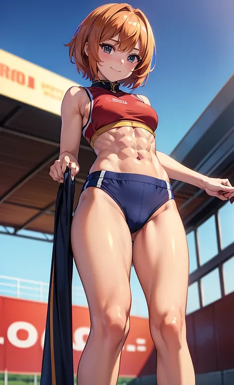 masterpiece, best quality, ultra detailed, ultra high resolution, very detailed face, solo, ((anime)), 20 years old girl, (((from below))), (((crimson track uniform, sleeveless))), ((navy bloomer)), ((golden short hair)), (((medium breast))), (six pack abs...