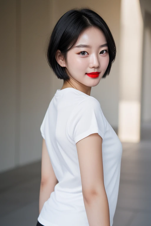 1 korean girl, strikingly beautiful, black hair, delicate facial features, porcelain skin, red lips,expressive eyes, 20 years old, 8k, RAW photo, best quality, masterpiece, realistic, photo-realistic, clear, professional lighting, BREAK, no makeup face, sm...