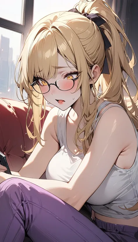 Highest quality　masterpiece　High resolution　Long blonde hair　　ponytail　Character Portrait　Yellow Eyes　Glasses　Pale pink lips　F Cup　Fluffy body　Purple jersey trousers　Play games　　Sit on the sofa　White tank top　Scream