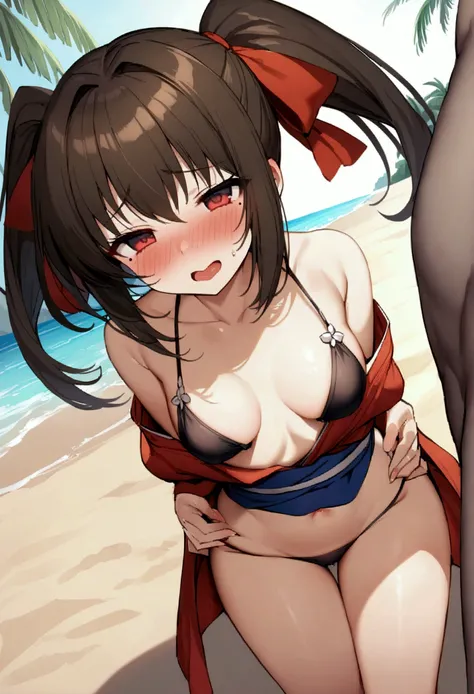 NSFW,masterpiece,Highest quality,High resolution,Super detailed,Nekone (Utawarerumono),Brown Hair、（Red Eye：1.3）、ribbon,Twin tails、ヘアribbon、Mole、目の下のMole,Small breasts,Japanese style,High quality sexy bikini,beach,Palm tree,Rock Shade,(Face in love),Embarra...