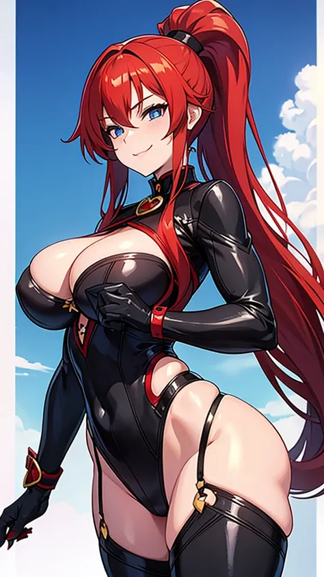 ,milf,red hair , ponytail hair, black cat girl costume, blue eyes, big breasts, correct anatomy,milf smile,