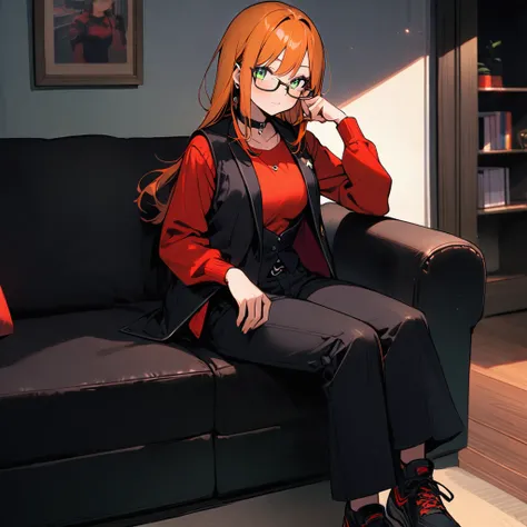 (well done: 1) one woman, long straight orange hair, green eyes, glasses, black choker, black vest, red long-sleeved shirt under the vest, black pants, black sneakers.  sitting in a living room.