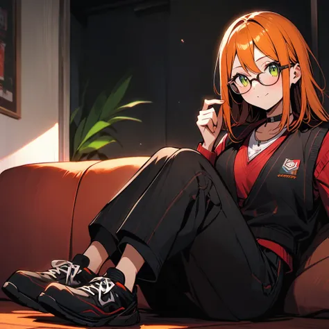 (well done: 1) one woman, long straight orange hair, green eyes, glasses, black choker, black vest, red long-sleeved shirt under the vest, black pants, black sneakers.  sitting in a living room.