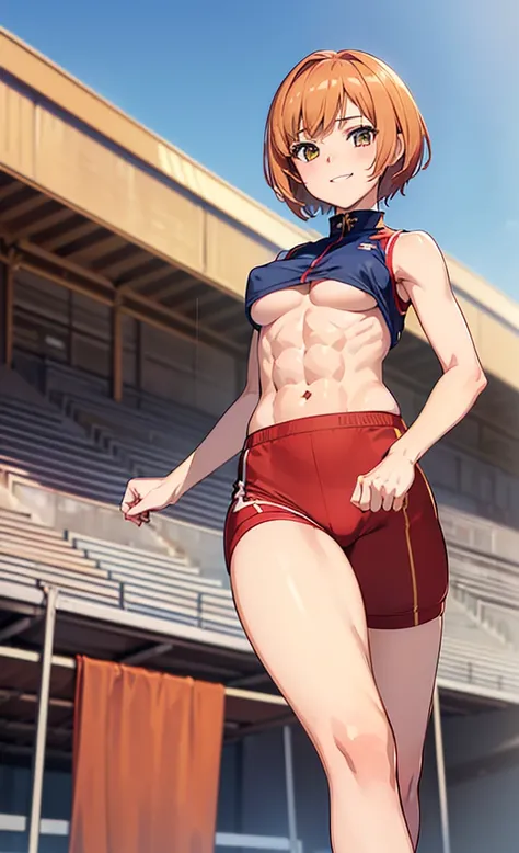 masterpiece, best quality, ultra detailed, ultra high resolution, very detailed face, solo, ((anime)), 20 years old girl, (((from below))), (((crimson track uniform, sleeveless))), ((navy bloomer)), ((golden short hair)), (((medium breast))), (six pack abs...