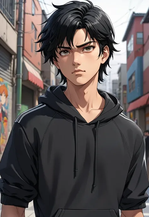 A highschool boy, handsome, perfect body, black hair, short hair, mullet, black eyes, upturned eyes, expressionless, black hoodies, anime, first-person view, masterpiece, anatomically correct, high details, highres, best quality, super detail