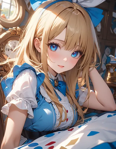 (((Alice in Wonderland:1.1))), One Girl, masterpiece, Highest quality, 8K, 詳細なskinの質感, Detailed cloth texture, 美しい細部までこだわったface, Intricate details, Very detailedな, (There&#39;s a ribbon on her head:1.1), Realistic art, Very delicate and beautiful, Very det...