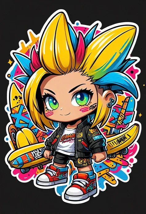 Create a sticker illustration of a banana inspired by the video game Cyberpunk 2077 with a 2D graffiti effect. The sticker should have no background, with only the banana shape and a prominent white outline around the edges. All design elements must be con...