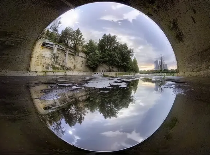 Arav view of a puddle of water in the tunnel, A world that can only be seen through a portal, incredible perspective, Through the portal, Fisheye!!!!! lens photography, Portal to another world, wide-angle lens vanishing point, Reflections in water, Reflect...