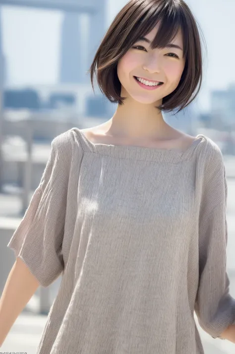 (Best Quality, 8k, 32k, Masterpiece, UHD: 1.2), Cute Japan Woman Pictures, Very Short Bob Hair, Upper Body, Simple Background, Look Around, Smiling, Plain Clothes