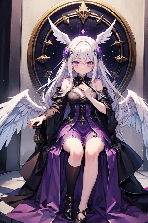 white hair, throne of angel, black wings, purple aura, elden ring boss