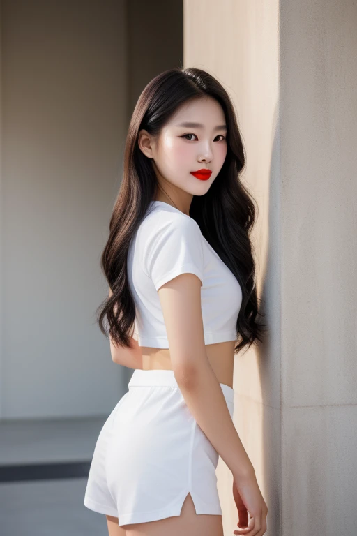 1 korean girl, strikingly beautiful, black hair, delicate facial features, porcelain skin, red lips,expressive eyes, 20 years old, 8k, RAW photo, best quality, masterpiece, realistic, photo-realistic, clear, professional lighting, BREAK, smile, shirt, solo...