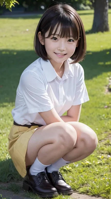 masterpiece,high resolution,realstic,RAW-photo,daytime,medium shoot,1girl,12 years old,japanese cute teen,detailed face,smile,solo,short hair,collared shirt,skirt,squat in park,show panties,ooking at here,